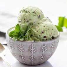 Closeup of a bowl of ice cream garnished with a sprig of mint