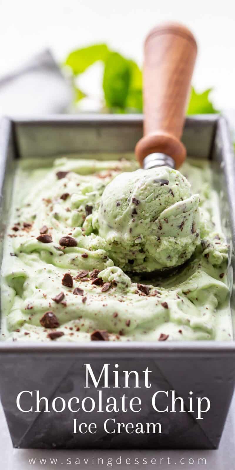 A closeup of a loaf pan filled with mint chocolate chip ice cream and an ice cream scoop