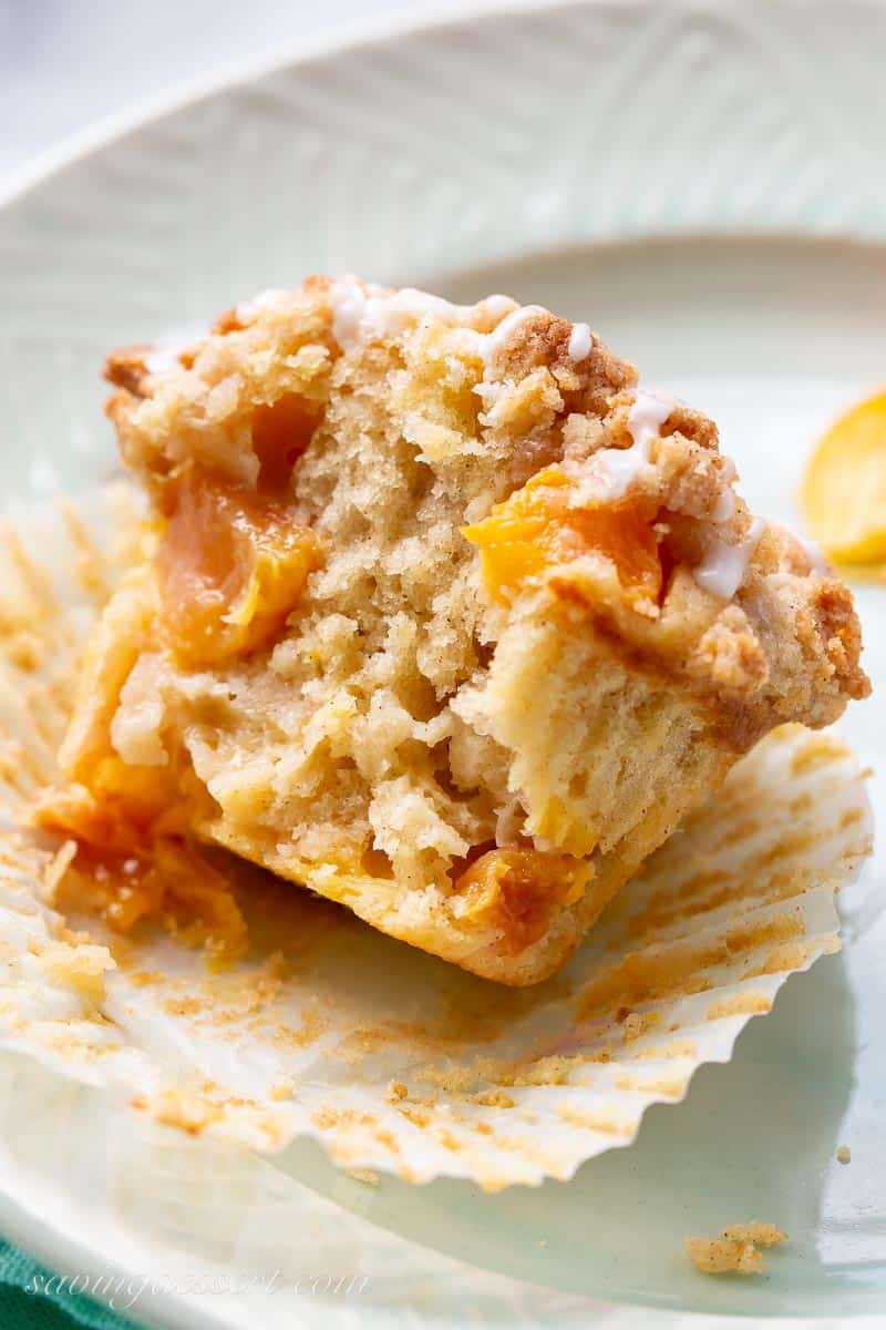 Closeup photo of a peach muffin partially eaten