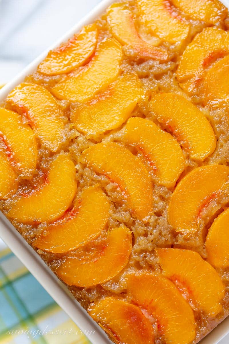 overhead view of a peach upside down cake