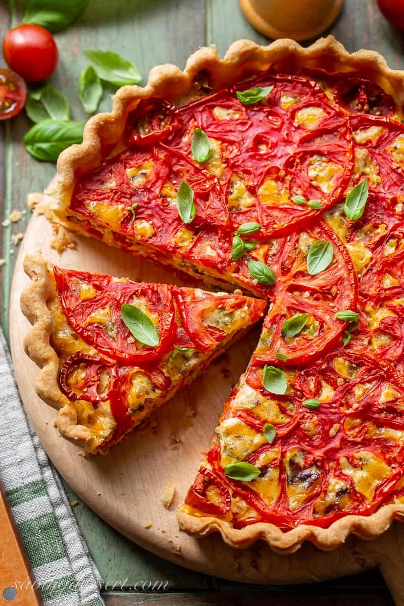 overhead view of a fresh tomato pie in a flaky crust