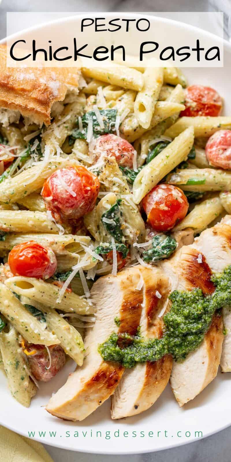 Closeup of a bowl of penne pasta tomatoes and chicken with pesto sauce