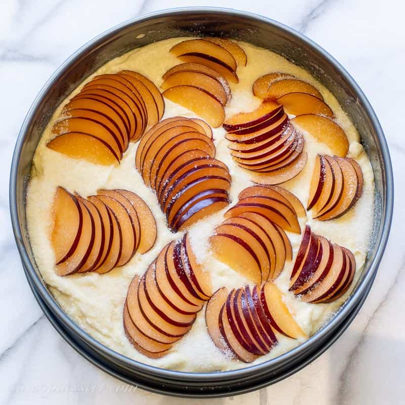 Overhead view of a cake pan with batter and thin sliced plums on top