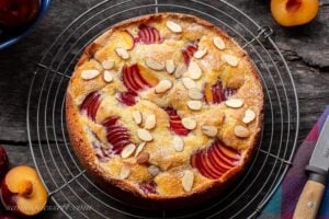 Plum cake on a wire rack