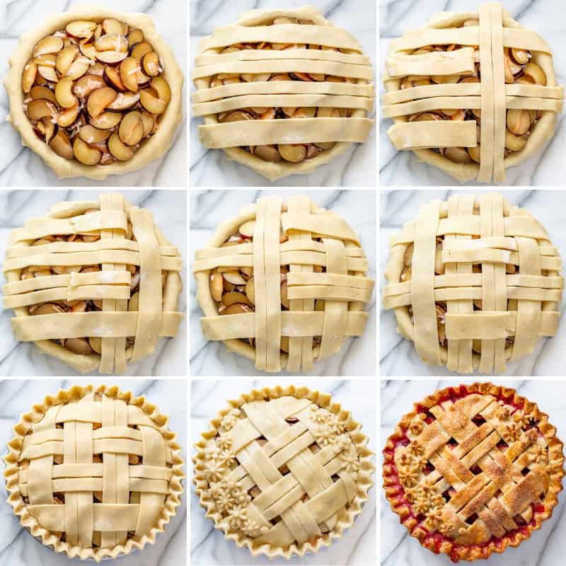A collage showing the progression of how to make a lattice crust pie