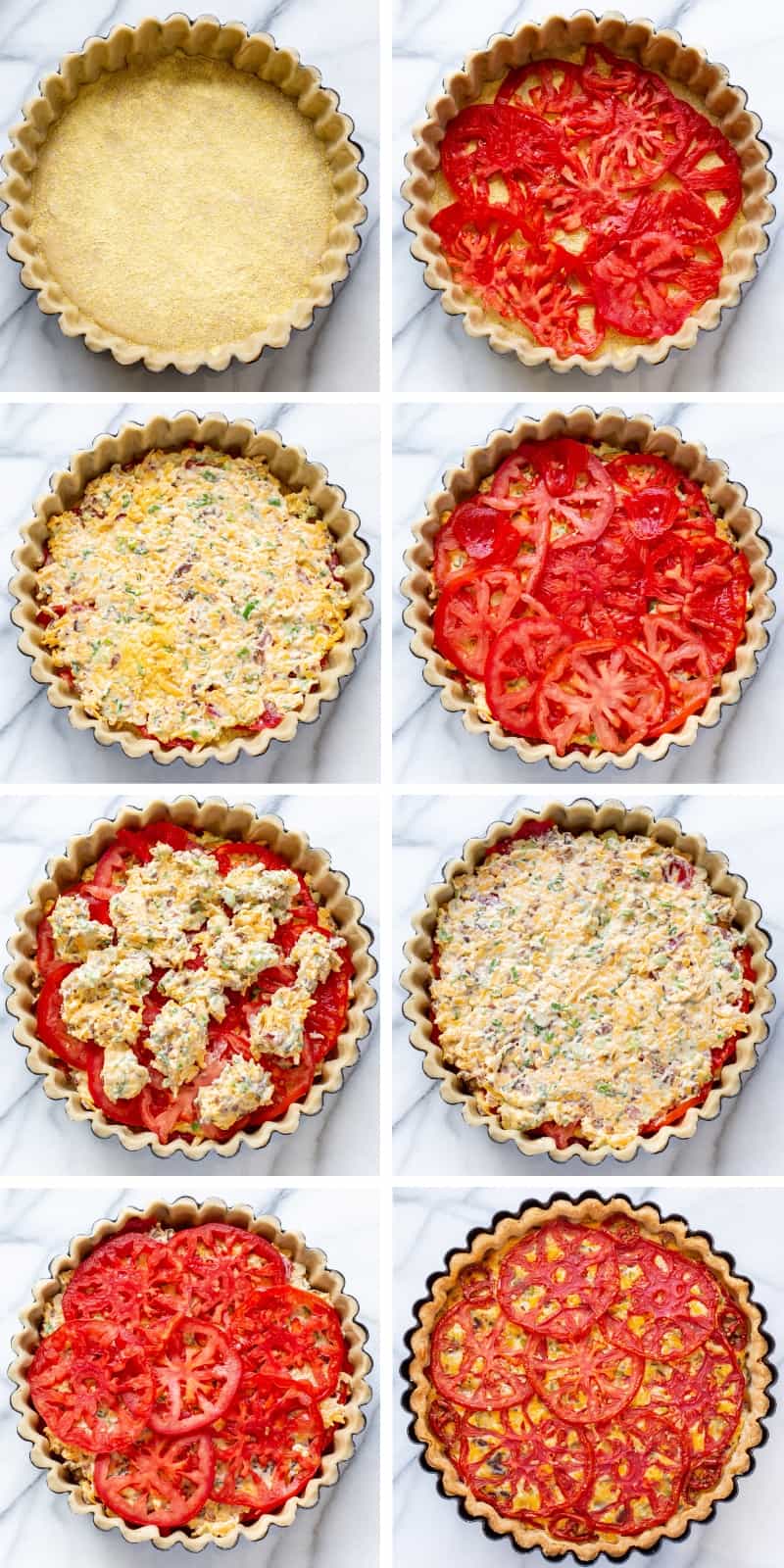 A collage of step by step photos of a tomato pie with cheese and mayo filling