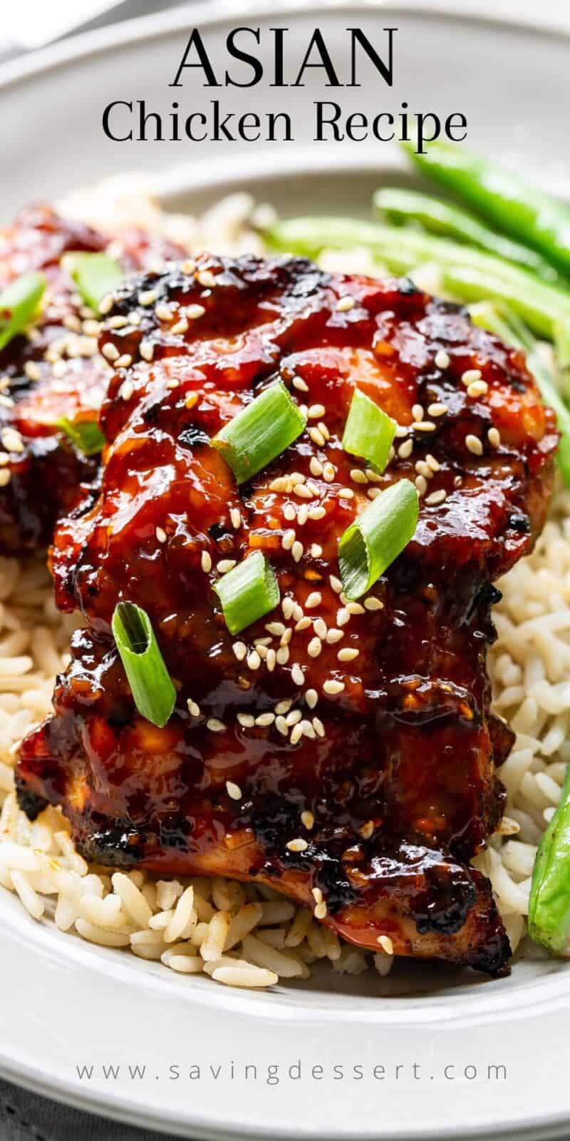 Overhead view of a sticky glazed chicken thigh over a bed of rice