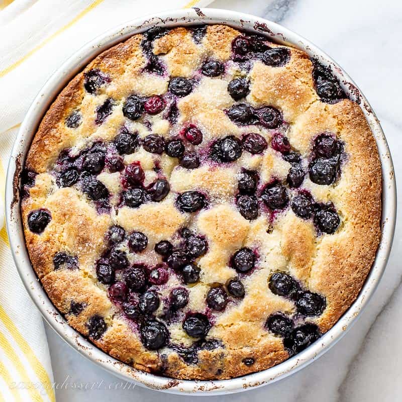 A pan of baked blueberry cornbread