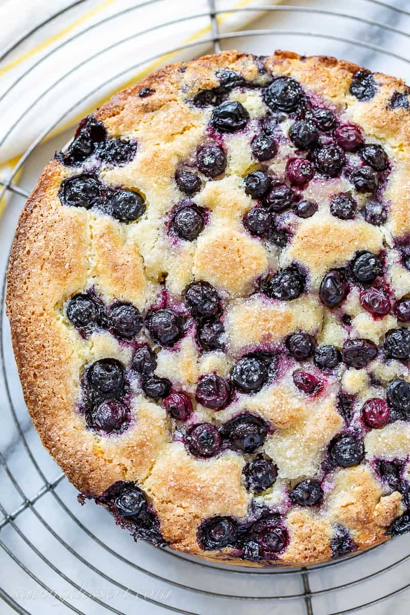 Overhead view of a blueberry cornbread cake