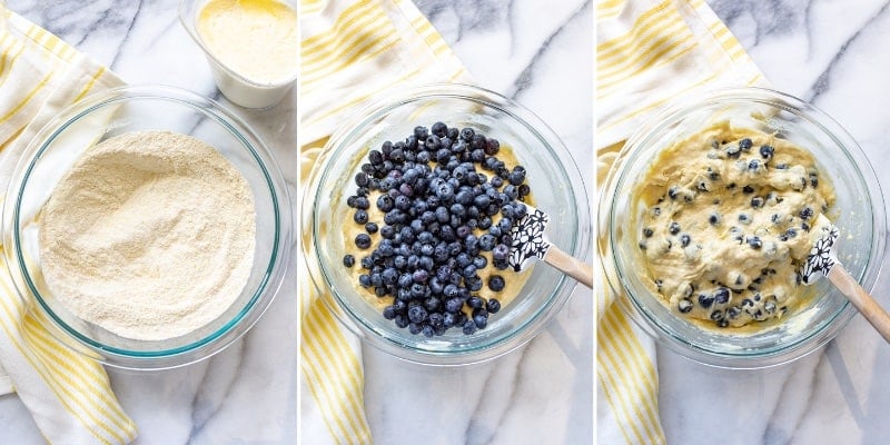 A collage of photos showing bowls of cornbread batter with blueberries