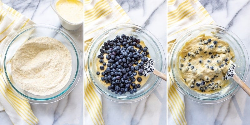 A collage of photos showing bowls of cornbread batter with blueberries