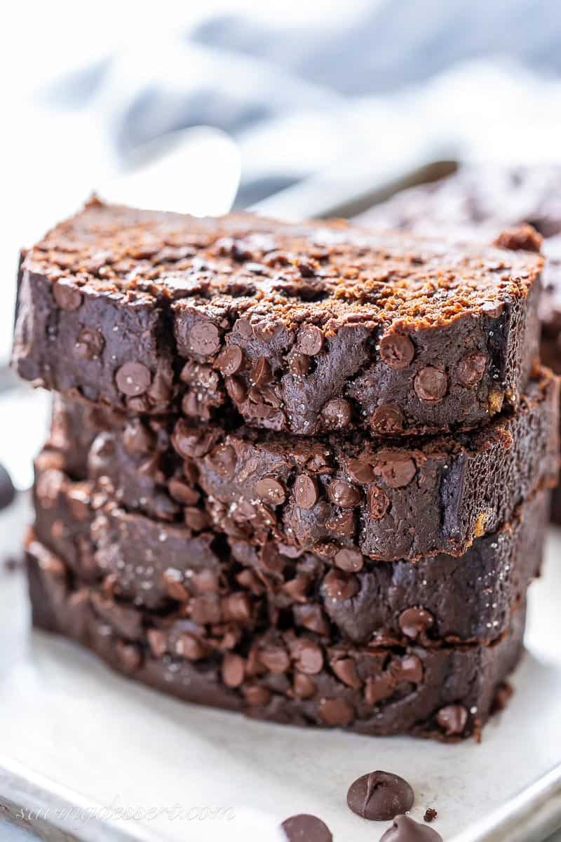 Closeup photo of a stack of chocolate banana bread