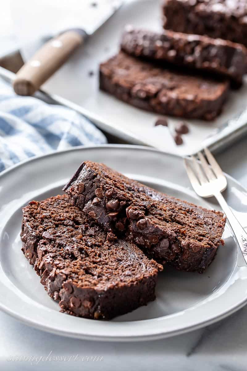 Two slices of chocolate banana bread on a plate
