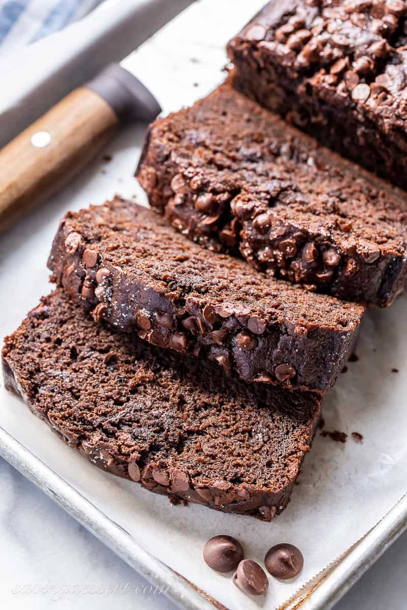 A platter of sliced chocolate banana bread