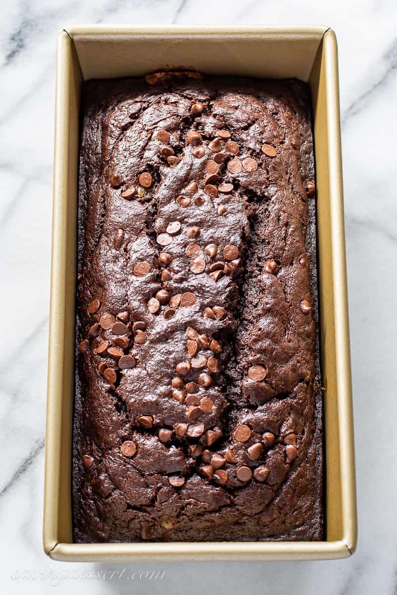 Chocolate Banana Bread in a loaf pan just out of the oven