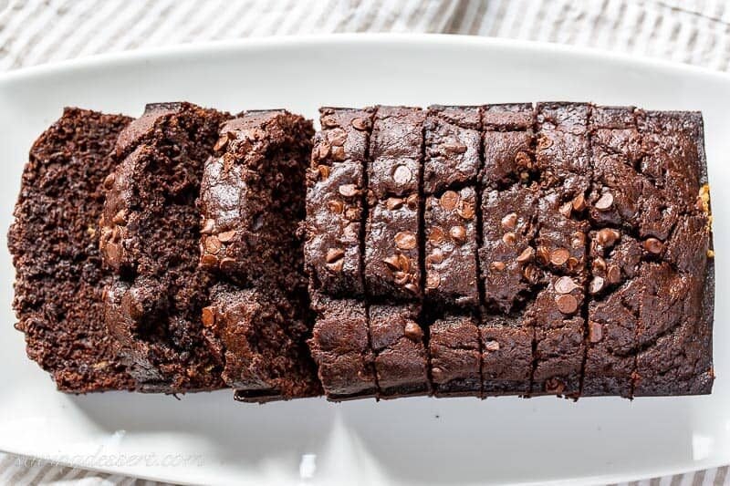 A platter filled with sliced chocolate banana bread topped with mini chocolate chips