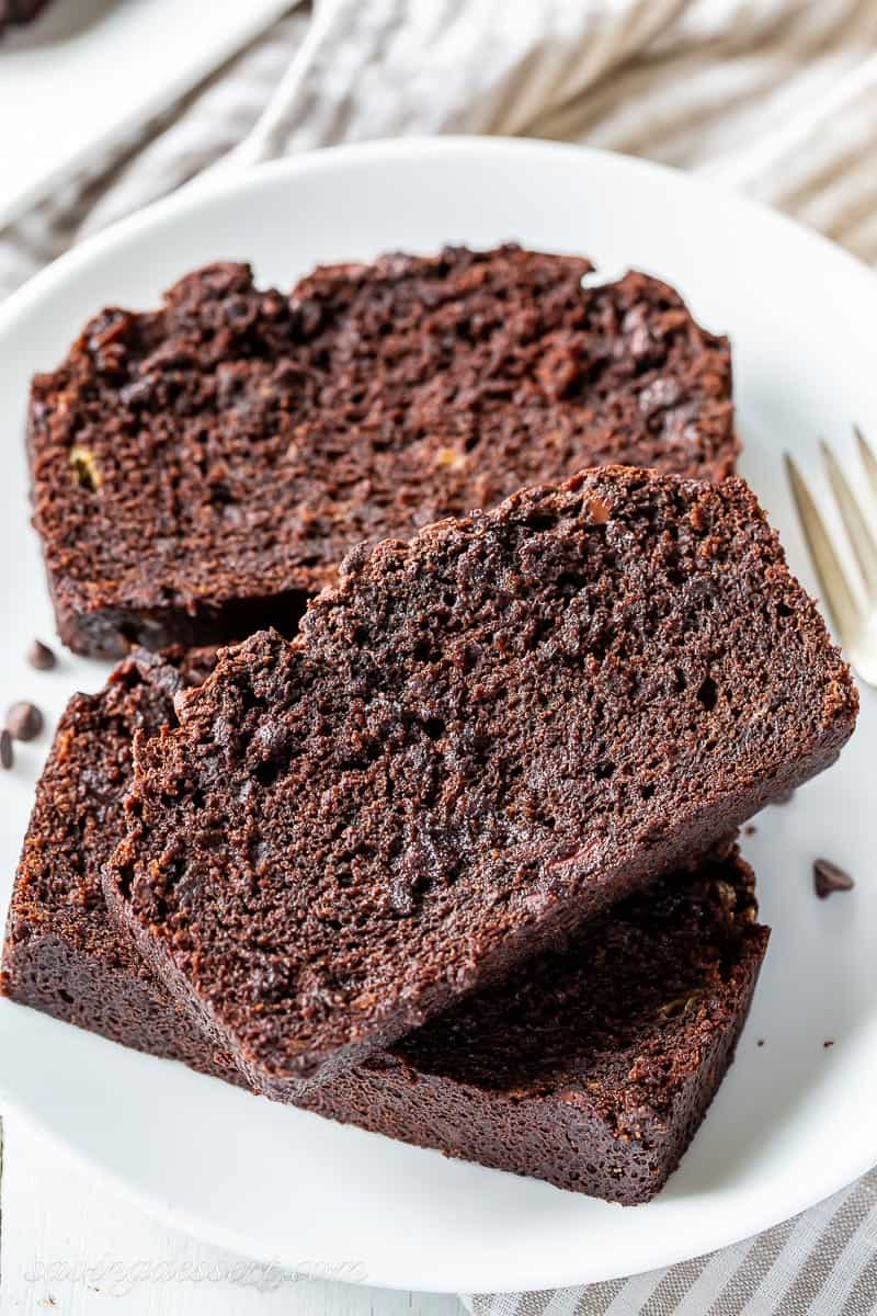 Closeup shot of a slice of chocolate banana bread showing texture