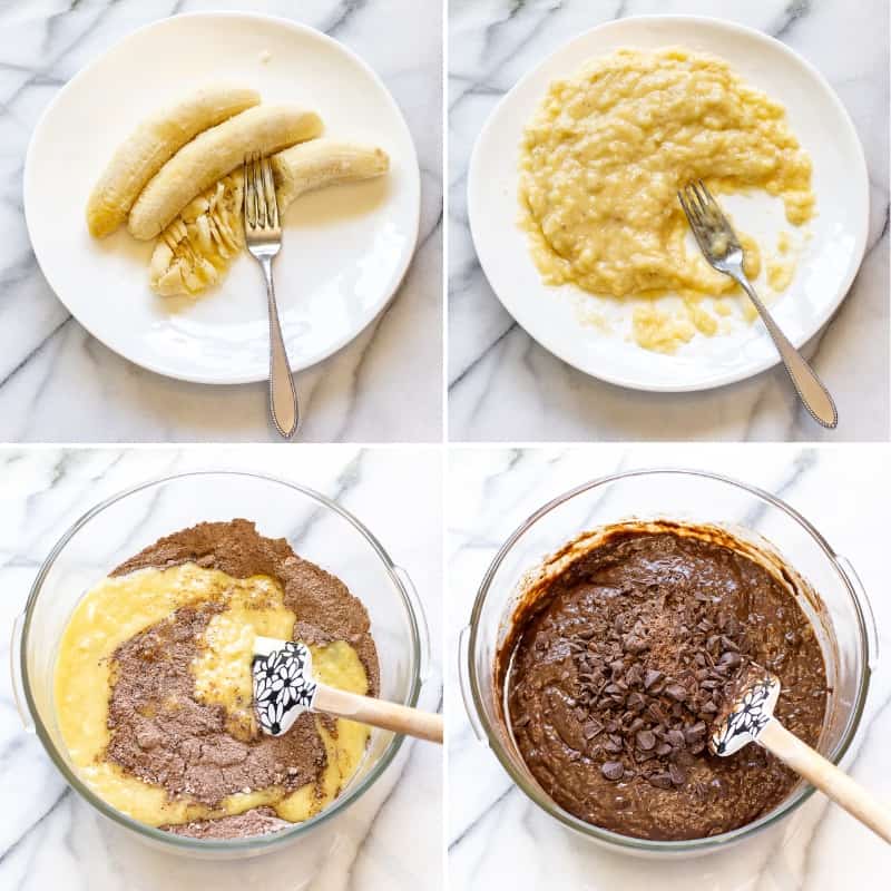 a collage of 4 photos showing mashed bananas and a batter with chocolate