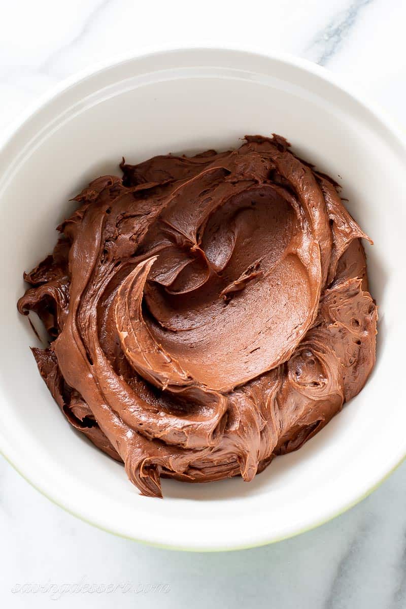 A small bowl filled with chocolate frosting