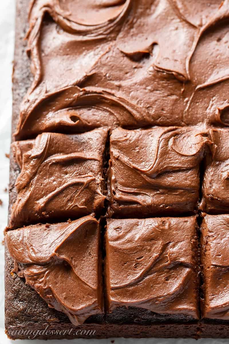 Overhead view of a sliced chocolate sheet cake