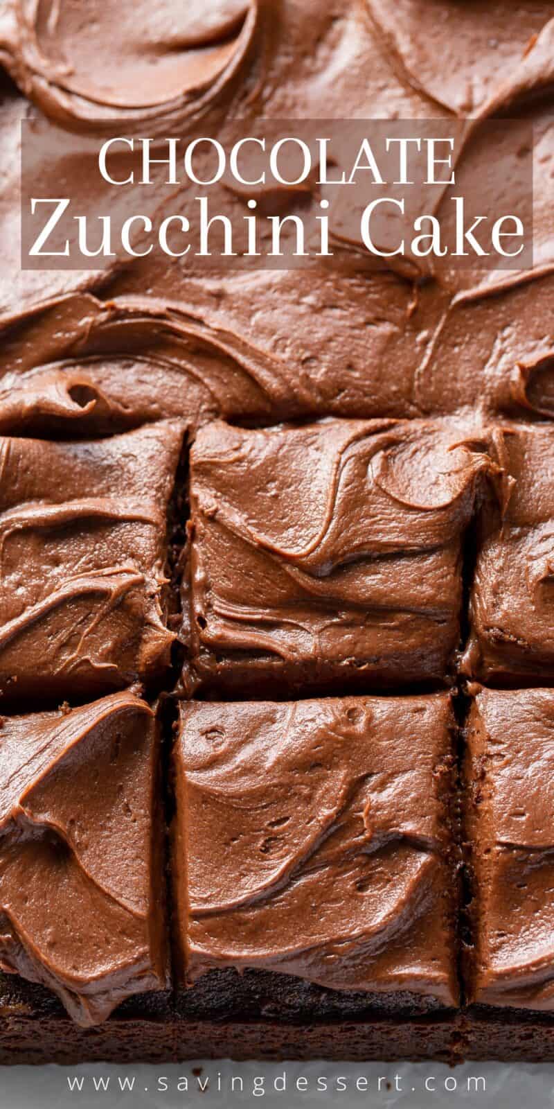 Closeup overhead view of a chocolate sheet cake sliced with silky chocolate icing