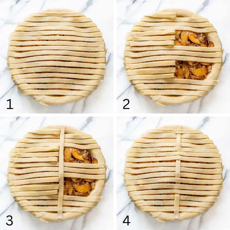 Four photos in a collage showing how to lay strips of dough over the pie filling and create a weaved pattern
