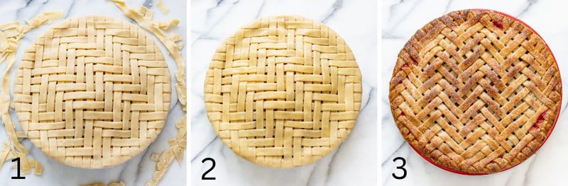 A collage of photos showing a pie just before it's baked with one showing the pie golden brown