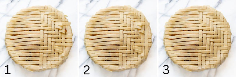 A series of photos showing how to lay strips on the pie to weave a herringbone lattice crust