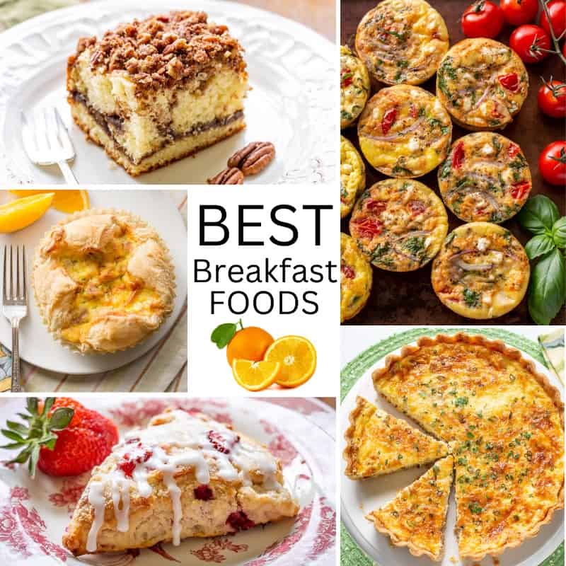 A square photo collage of BEST breakfast foods with quiche, coffee cake and scones