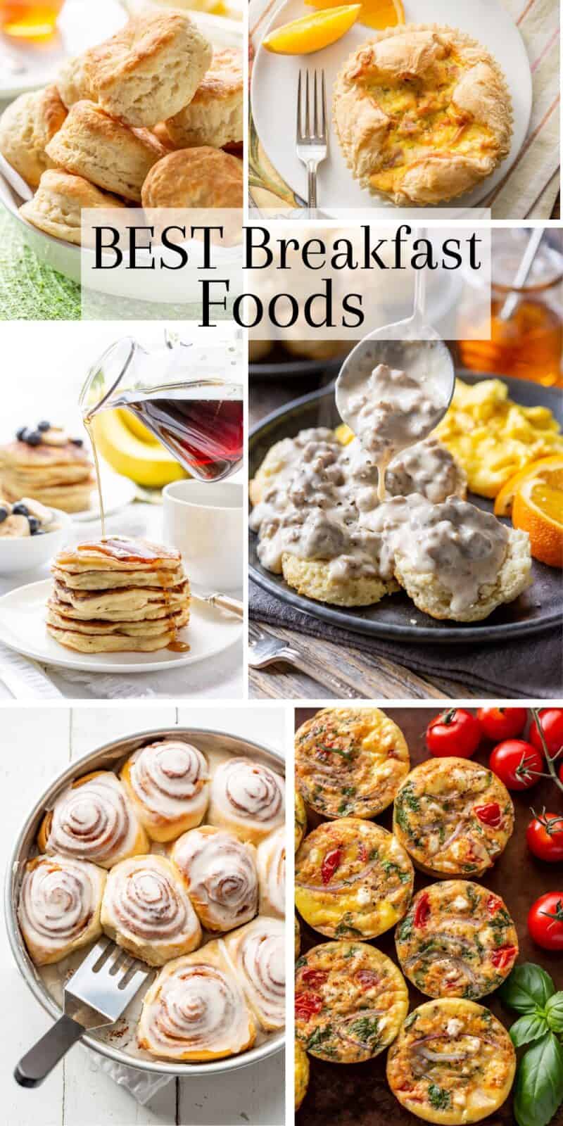 A collage of breakfast foods including cinnamon rolls, egg muffins, pancakes and biscuits