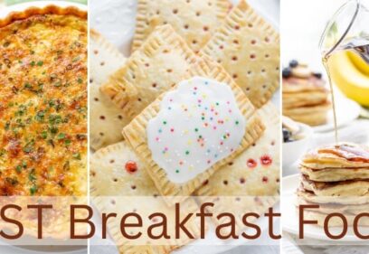 A collage of photos showing quiche, homemade pop tarts and buttermilk pancakes