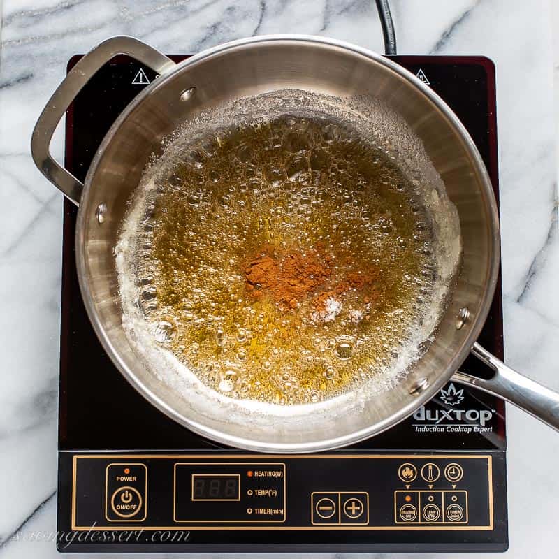 Golden brown caramelized sugar in a saucepan