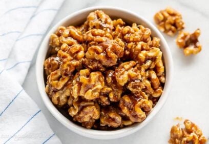 A bowl of candied walnuts