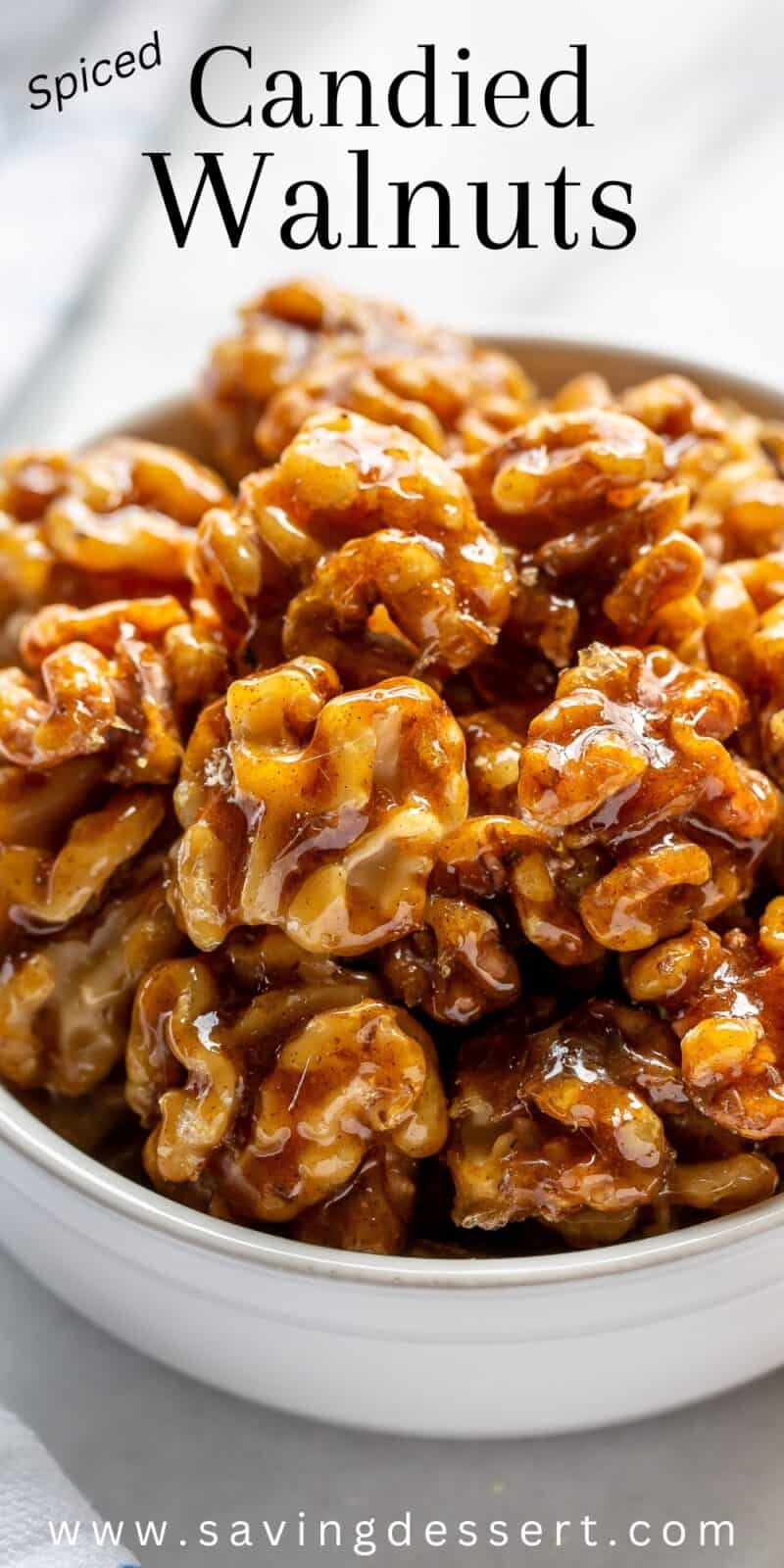 Closeup photo of a bowl of candied walnuts