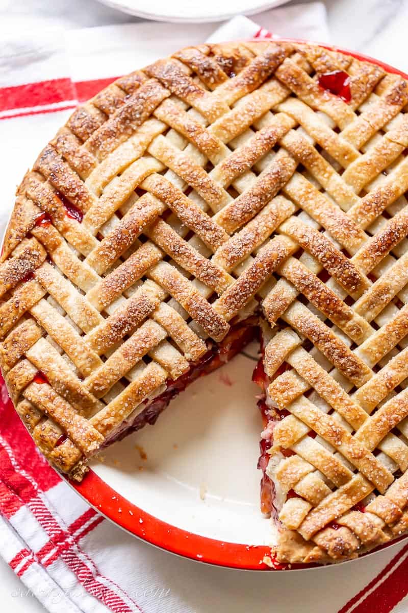 Overhead shot of a herringbone lattice topped pie