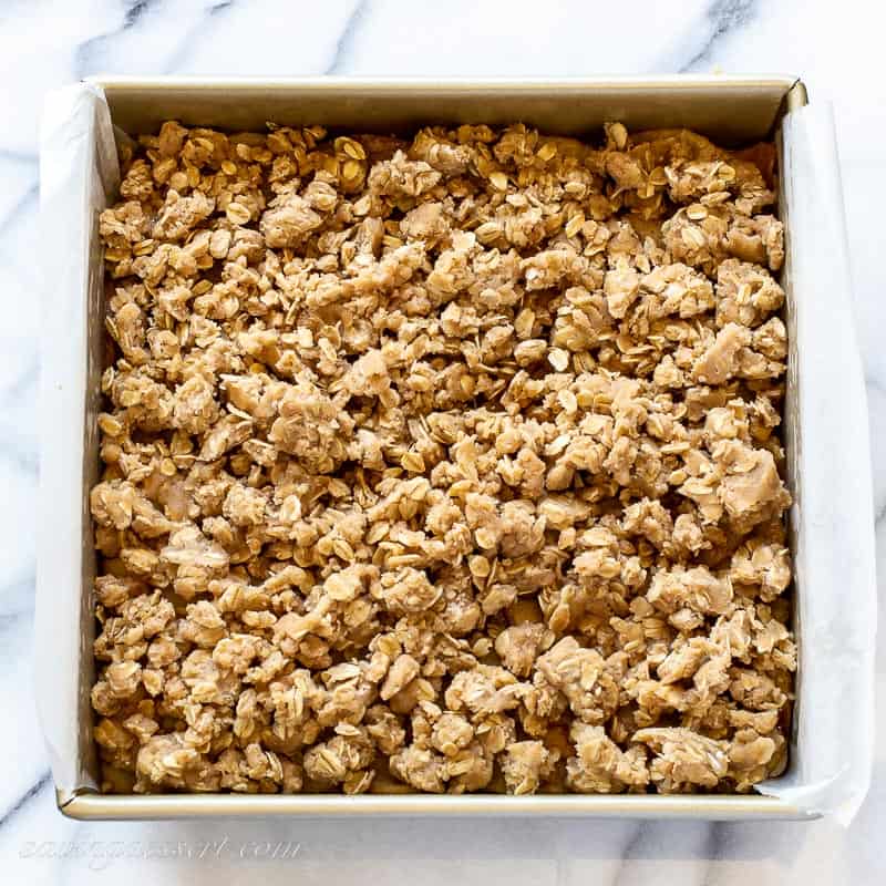 a pan of apple bars ready to go in the oven