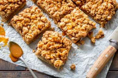 overhead view of sliced apple bars with caramel