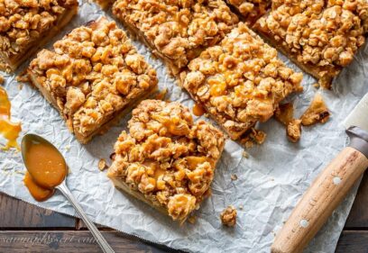 overhead view of sliced apple bars with caramel