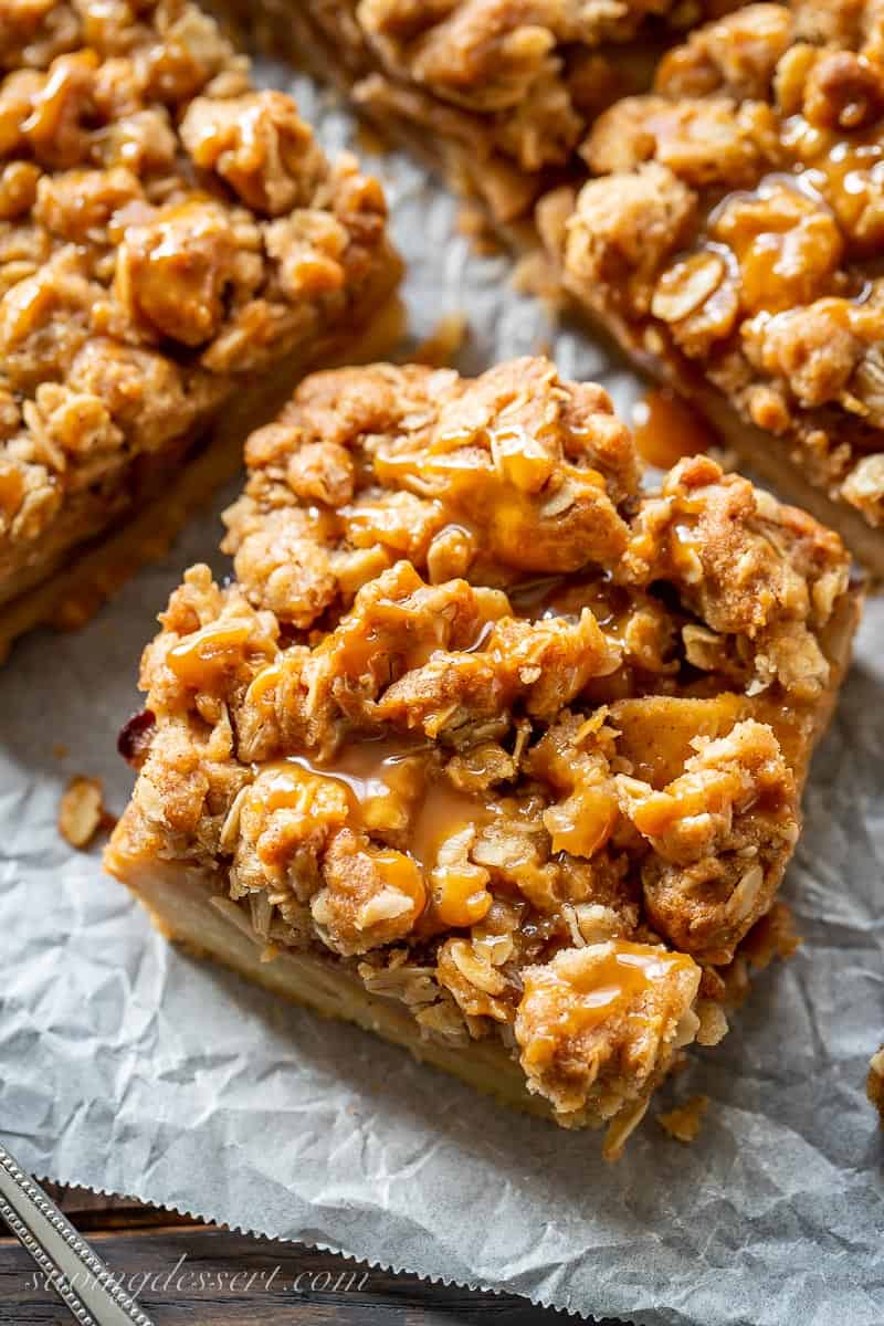 overhead view of an apple bar drizzled with caramel