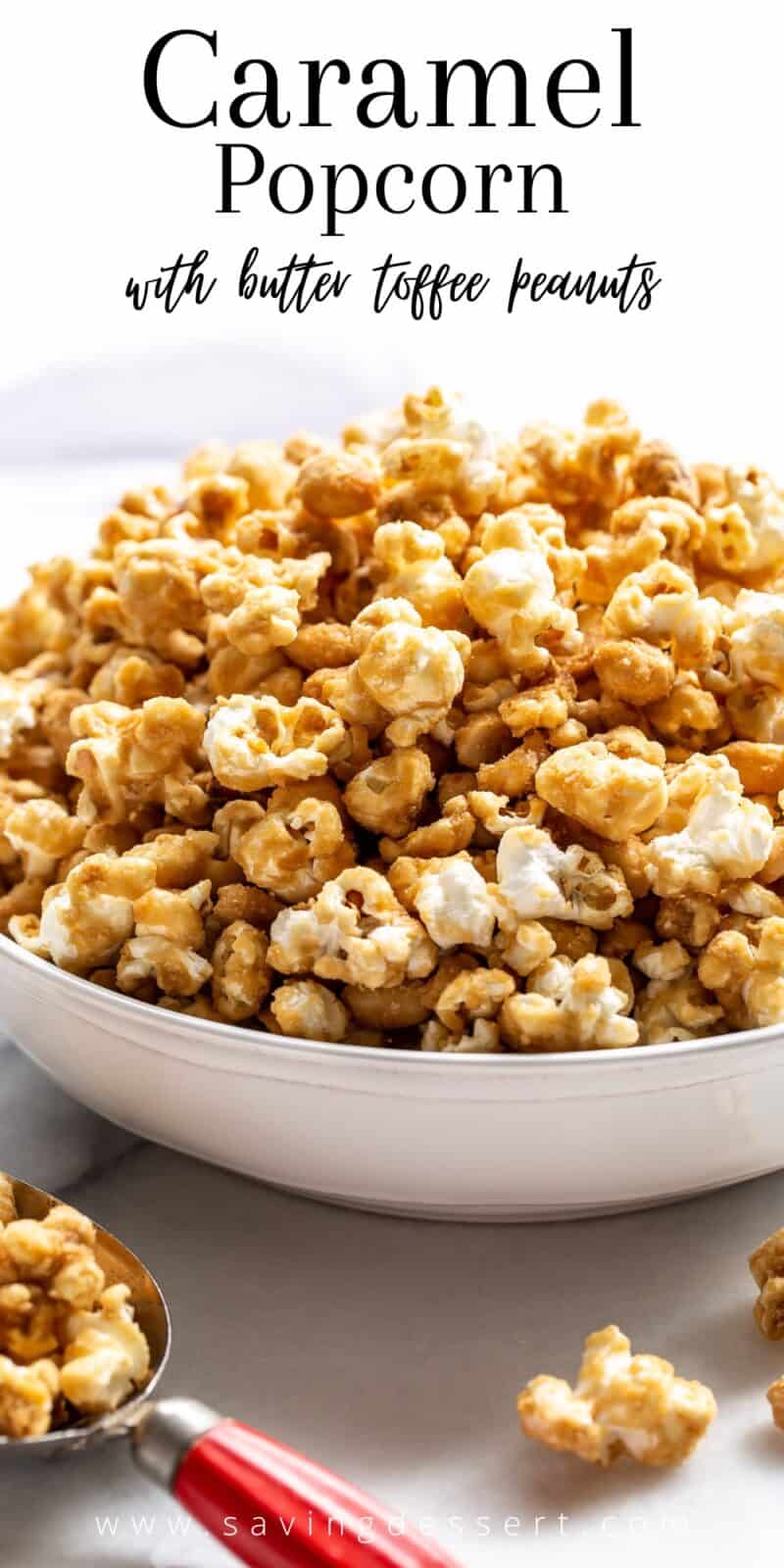 A large bowl of caramel popcorn with a scoop