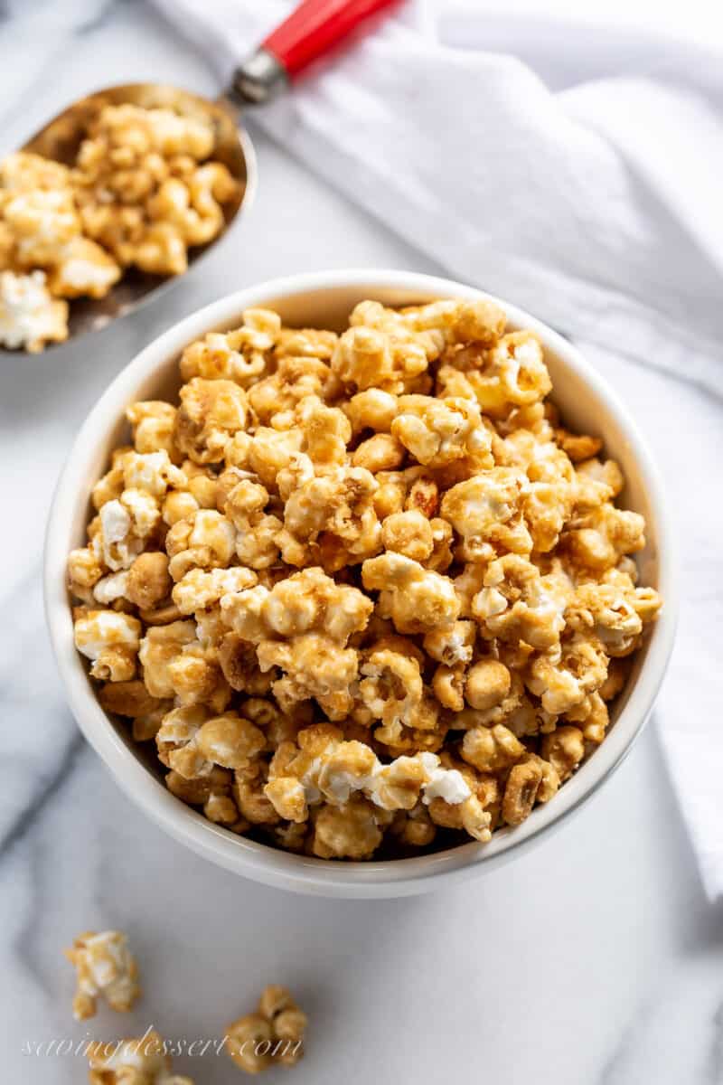 Overhead view of a bowl of popcorn