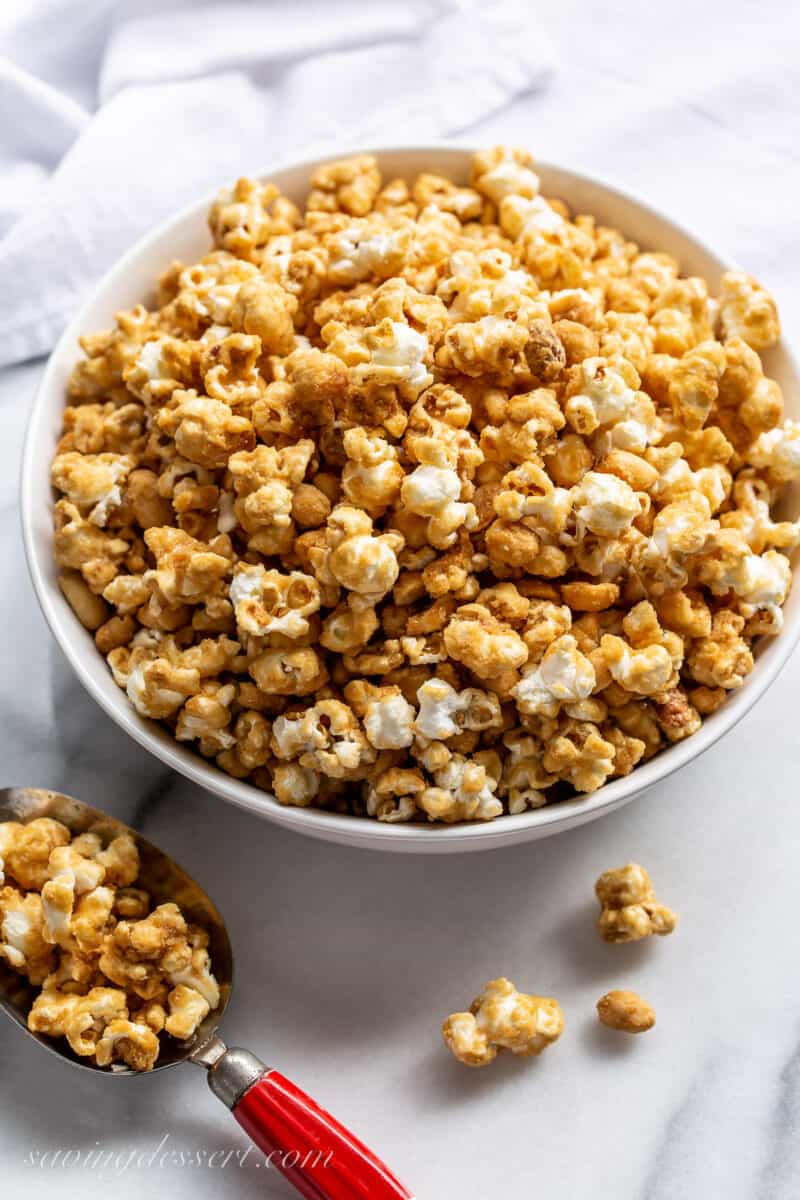 Overhead view of a bowl of caramel popcorn