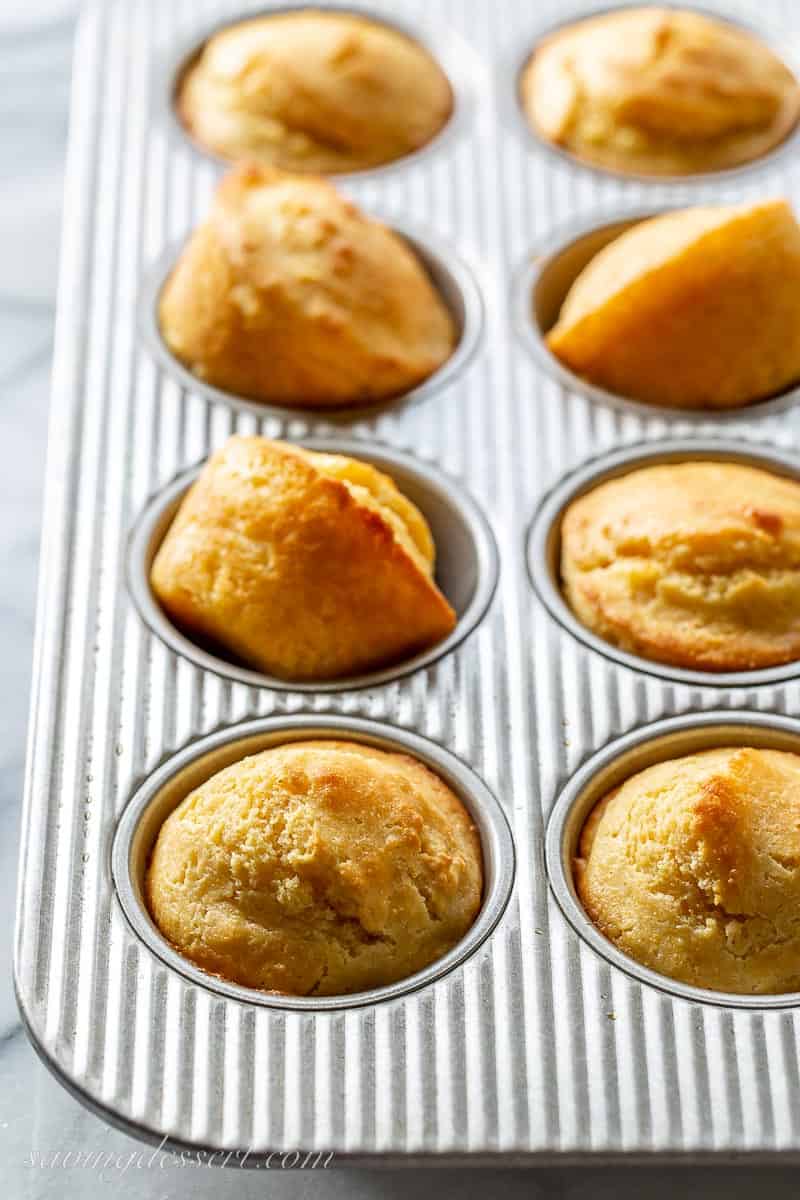 A side view of a pan of corn muffins