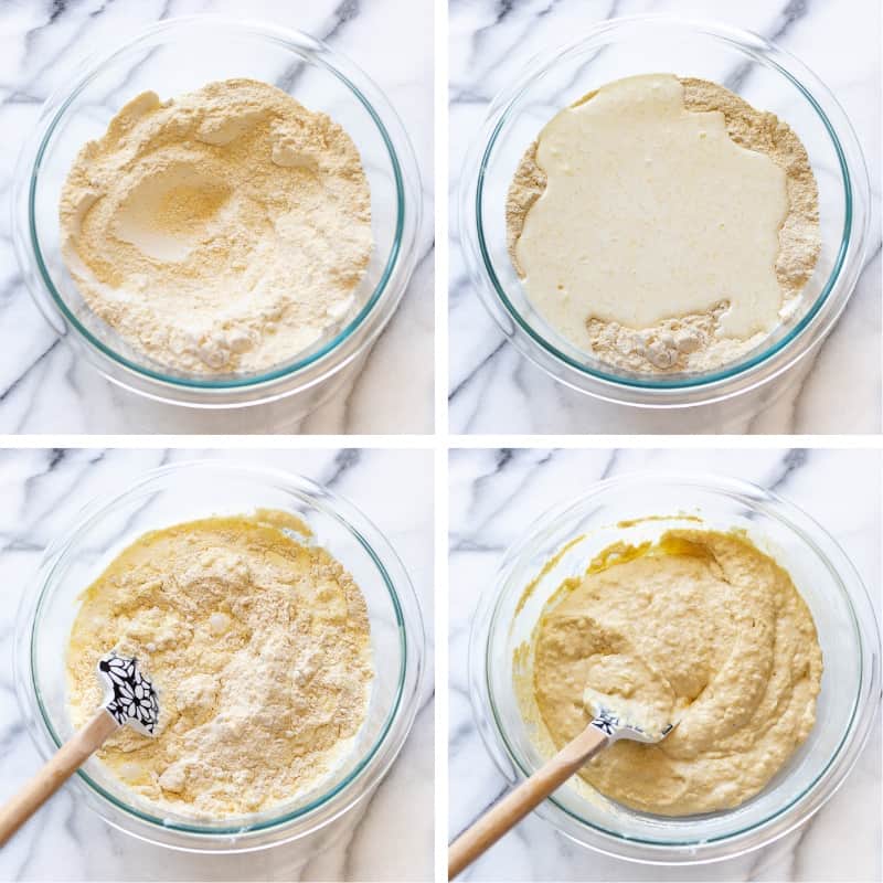 A collage of photos showing corn muffin batter being made