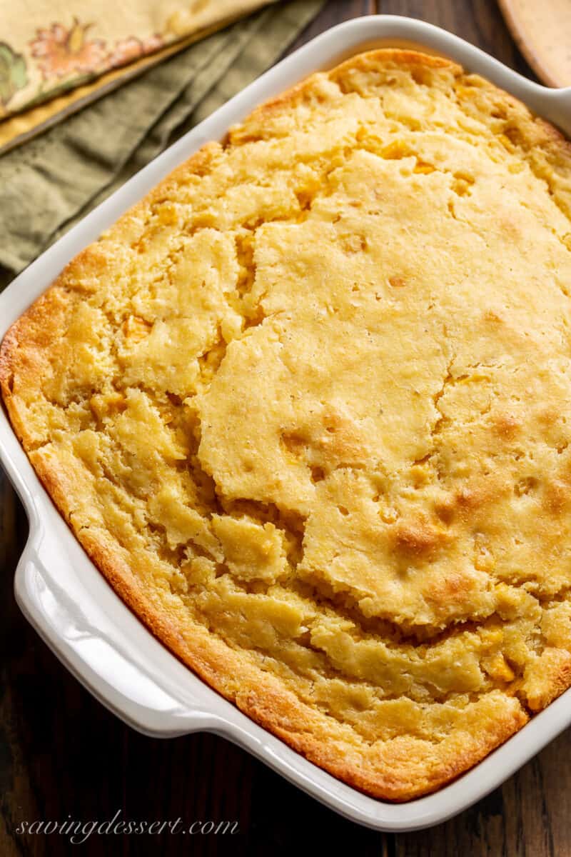 closeup of corn pudding in a casserole dish