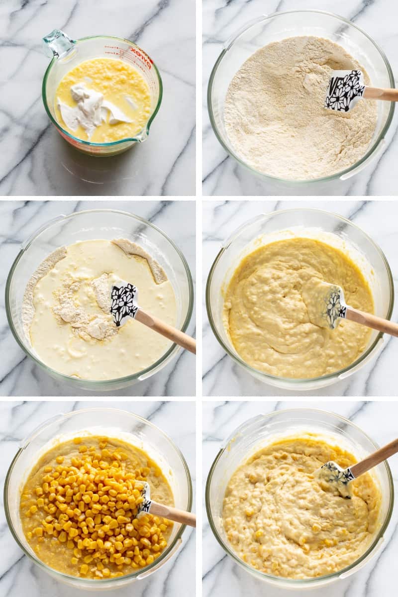 A collage of 6 photos showing the progression of making corn pudding
