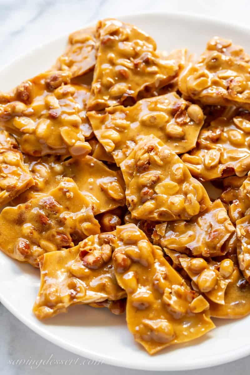 Golden peanut brittle on a plate