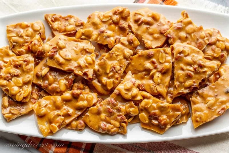 Overhead view of a platter of peanut brittle candy