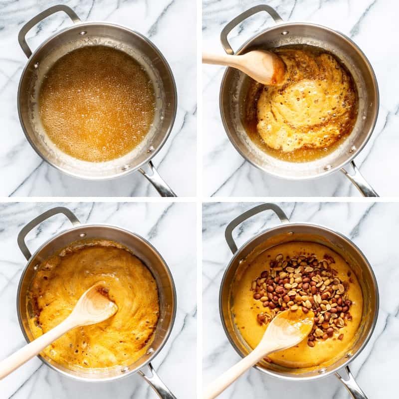 A collage of photos showing a saucepan and the progression of making peanut brittle