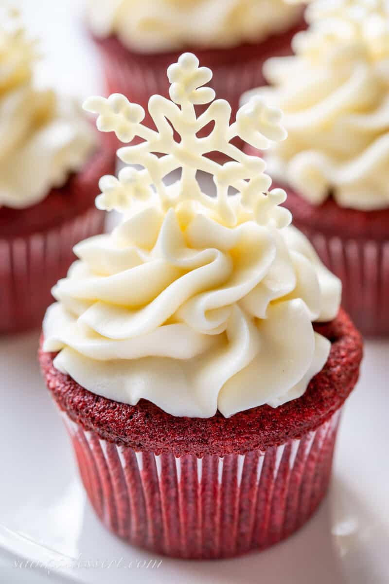 Red Velvet cupcake topped with silky cream cheese frosting